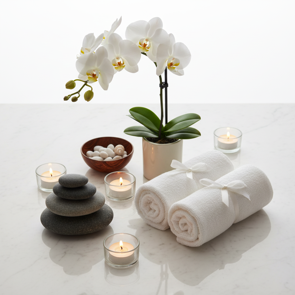 Luxurious spa wellness arrangement with orchids and candles